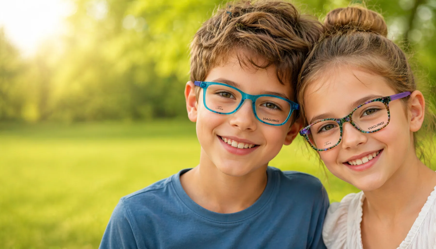 Due bambini con occhiali ViaGuinigi Teen al parco