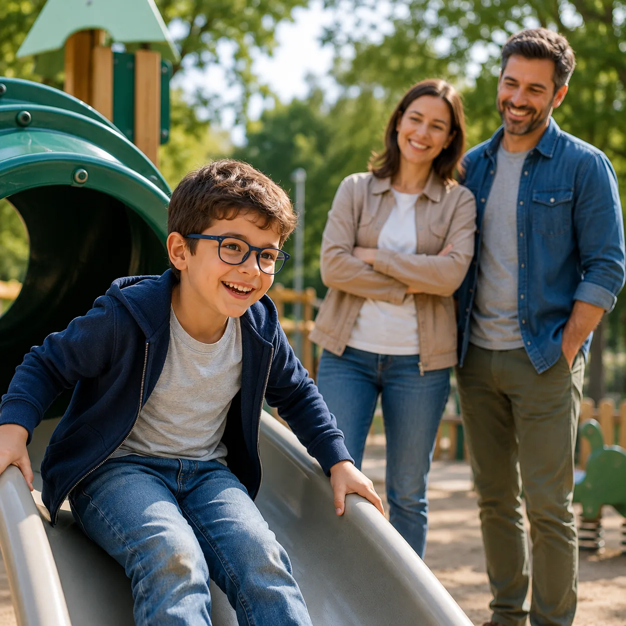 Bambino con gli occhiali sullo scivolo con i genitori
