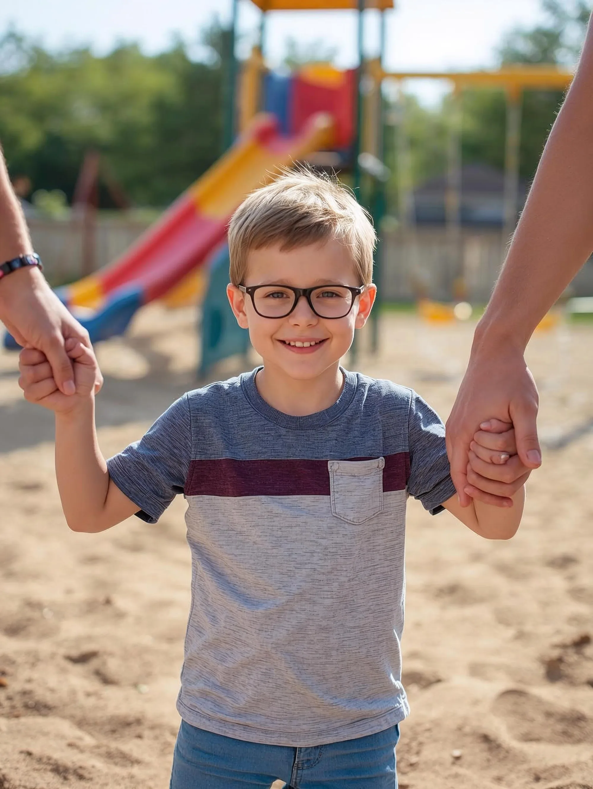 Bambino con gli occhiali tenuto per mano dai genitori al parco giochi