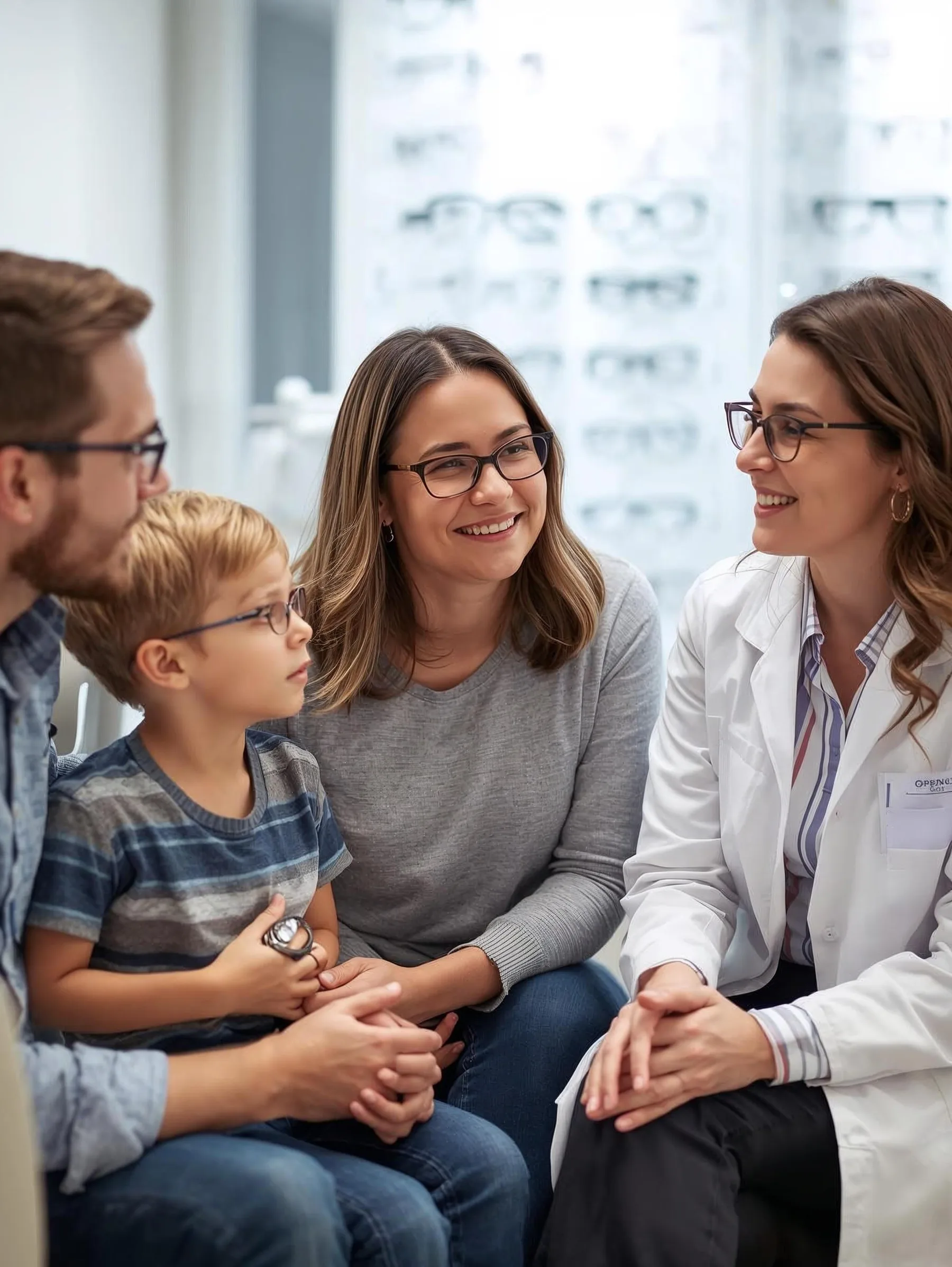 Famiglia con il bambino a colloquio con un'ottica Ingrovision