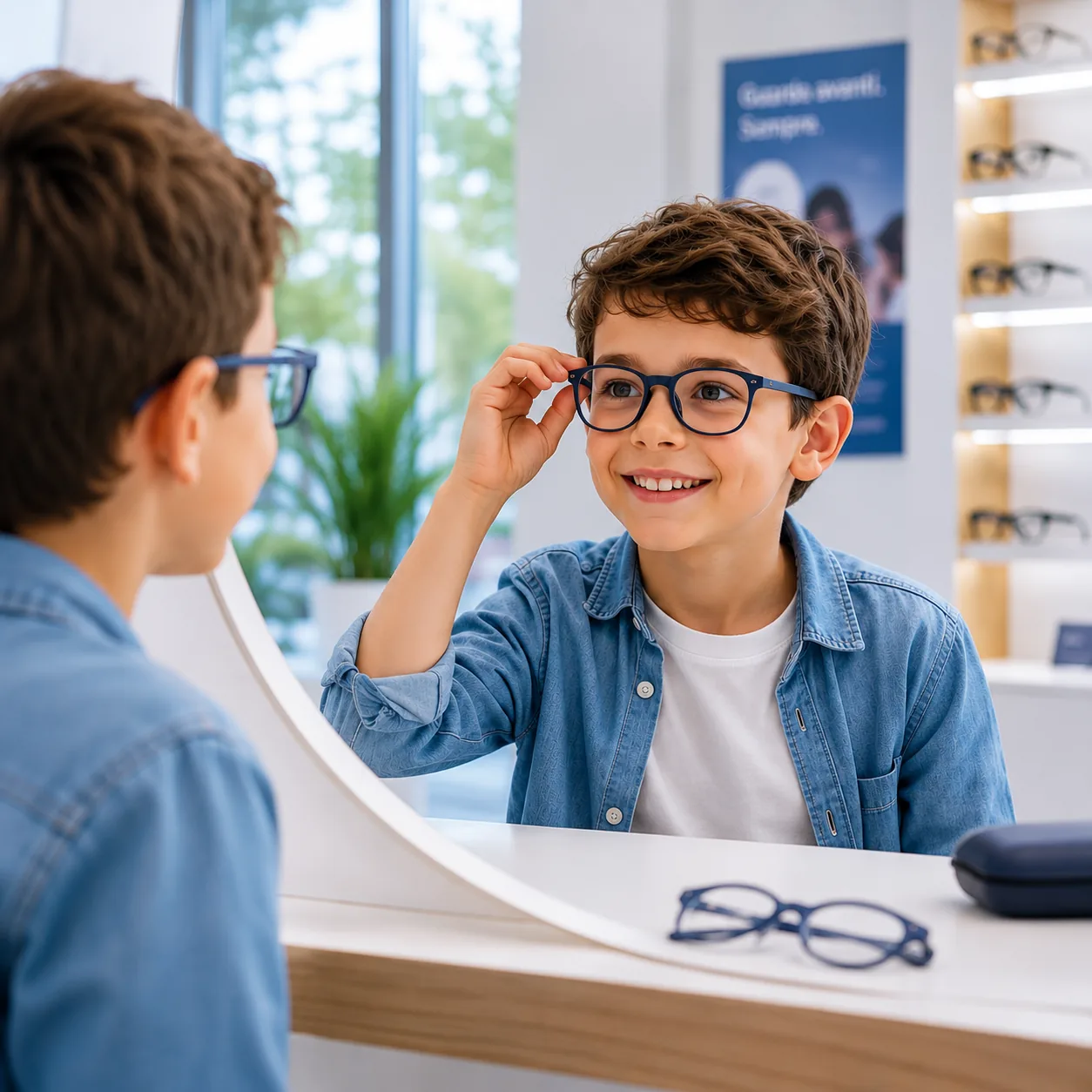 Bambino prova gli occhiali allo specchio nei centri Ingrovision