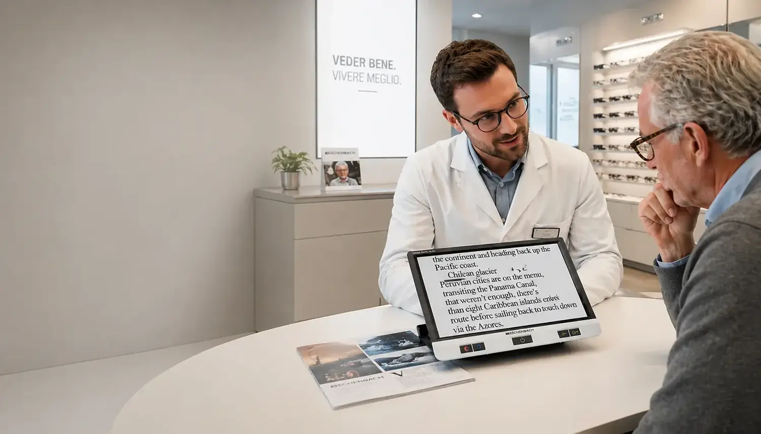 Ottico Ingrovision mostra un videoingranditore Eschenbach a un cliente