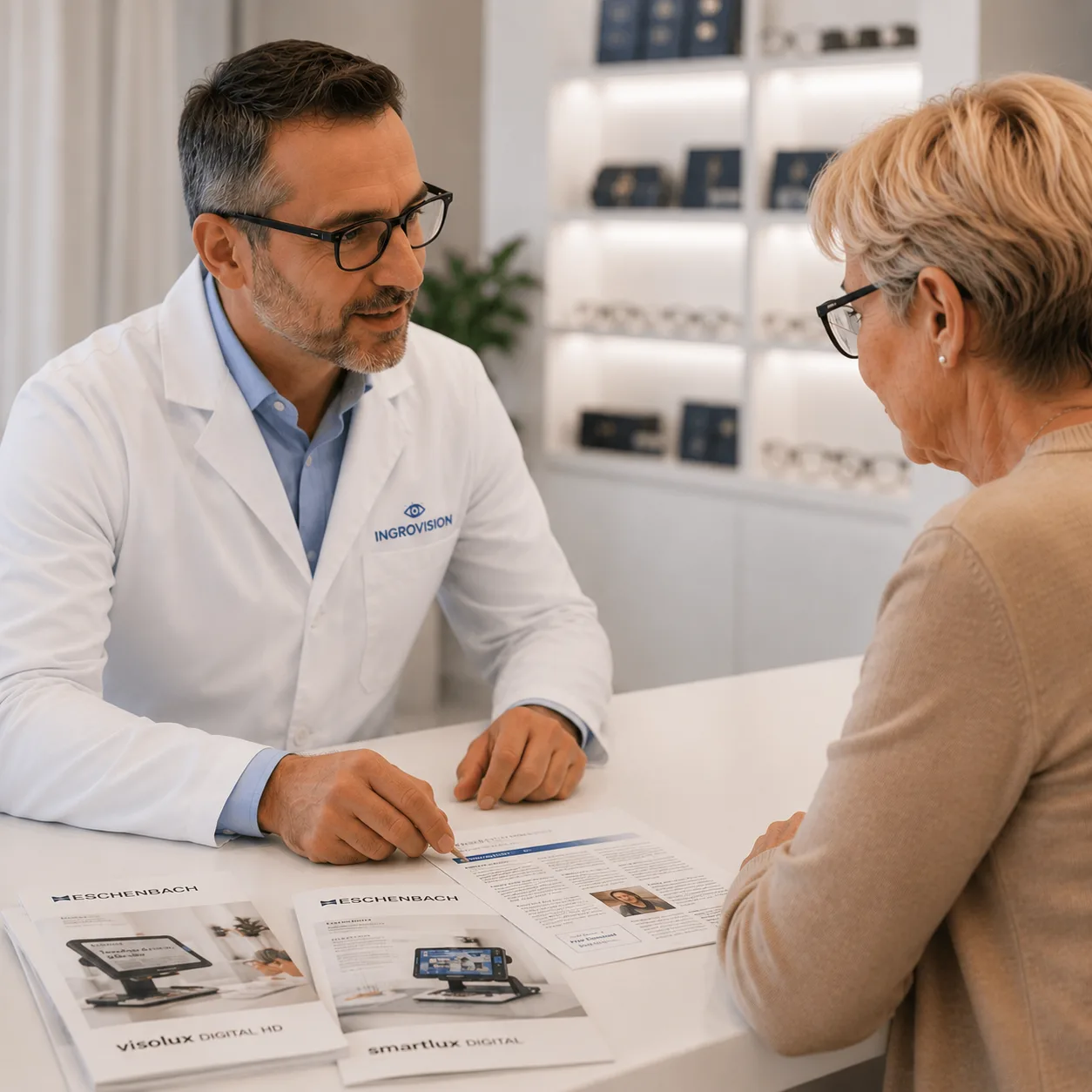 Ottico Ingrovision illustra gli ausili Eschenbach a una cliente